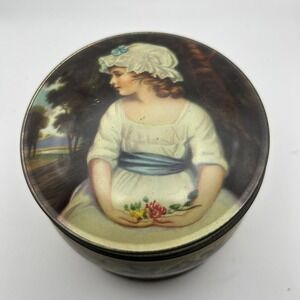 Vintage Thornes Confectionery Tin England Young Girl White Dress Blue Bow 3" H